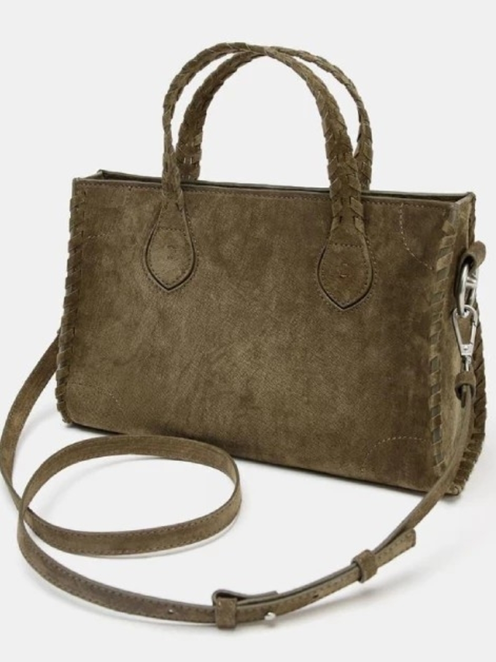 ZARA braided leather city bag Olive Green suede  (new without tags) - Picture 2 of 11